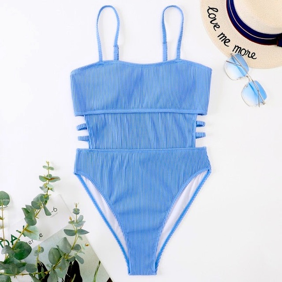 Blue Strappy One-Piece Swimsuit w side cut outs & straps adj spaghetti straps L - Picture 1 of 6